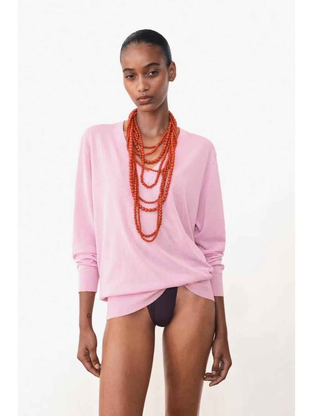 ZARA NWOT WOMENS LIGHTWEIGHT COTTON BLEND V-NECK SWEATER IN PINK-SIZE SMALL